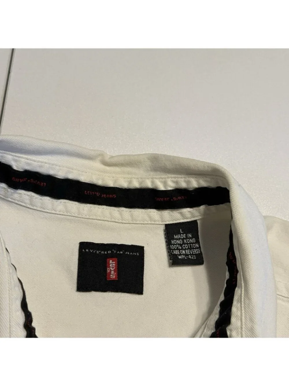 VTG 1990s Levis Red Tab Jeans Denim Button Down Shirt Mens L White Heavyweight
